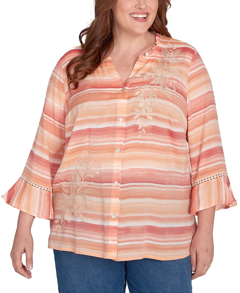 Alfred Dunner Plus Scottsdale Warm Stripe Floral Embroidered Top