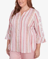 Alfred Dunner Plus Coming Up Roses Striped Button Down Embroidered Sleeve Top