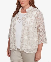 Alfred Dunner Plus Coming Up Roses Medallion Lace Two One Top with Necklace