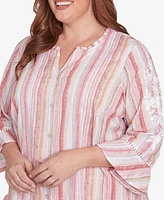 Alfred Dunner Plus Coming Up Roses Striped Button Down Embroidered Sleeve Top