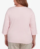 Alfred Dunner Plus Coming Up Roses Asymmetric Floral Embroidered Crew Neck Top