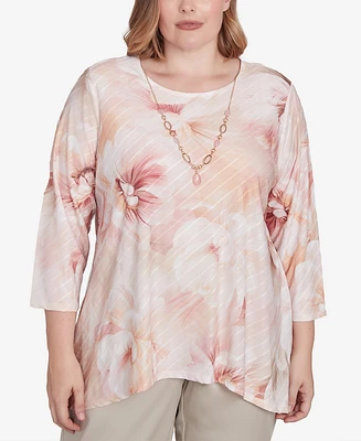 Alfred Dunner Plus Coming Up Roses Textured Watercolor Flower Top with Necklace