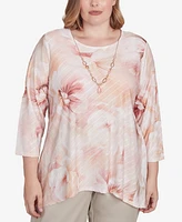 Alfred Dunner Plus Coming Up Roses Textured Watercolor Flower Top with Necklace