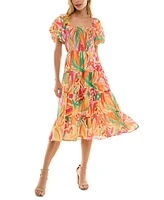 Crystal Doll Juniors' Printed Square-Neck Bubble-Sleeve Dress