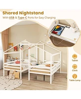 Double Twin Size Wooden Bed Frames with Built-in Table for Kids