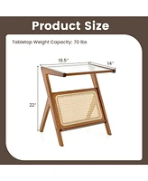 Gouun Boho End Table with Magazine Rack and Tempered Glass Top