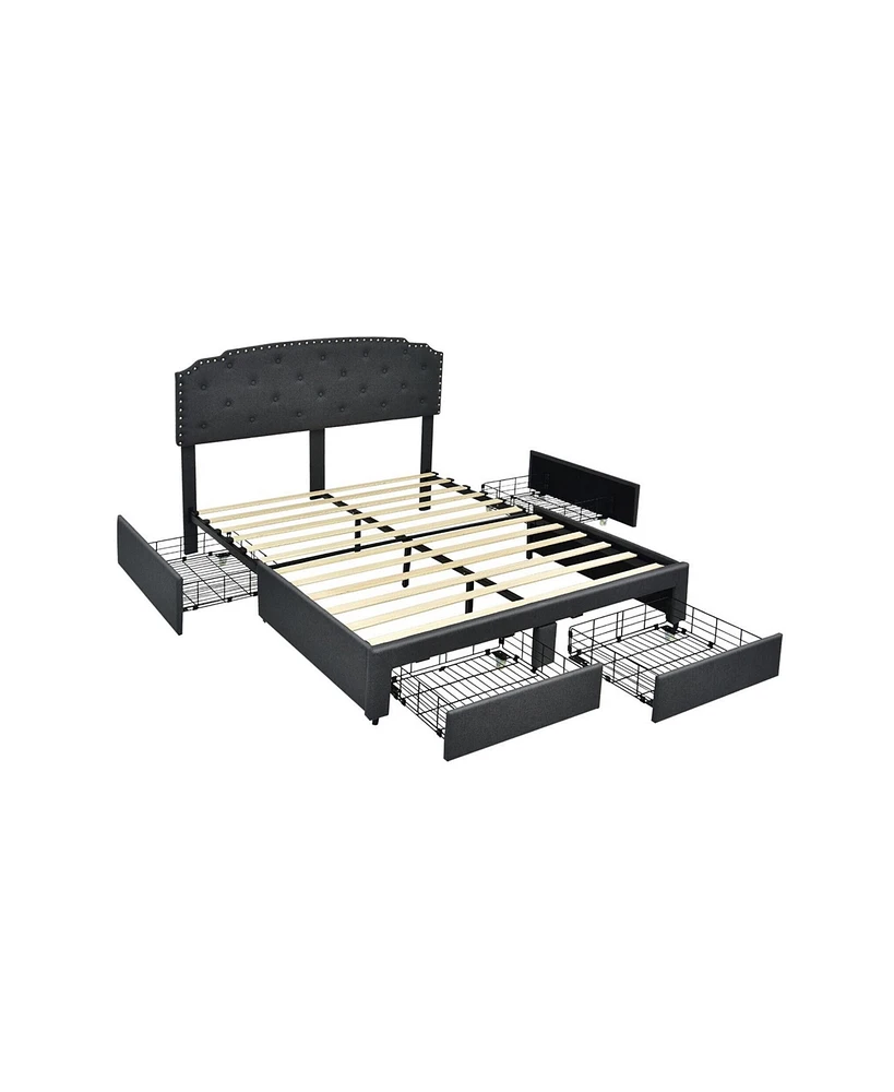 Gouun Platform Bed Frame with 4 Storage Drawers and Adjustable Headboard-Queen Size