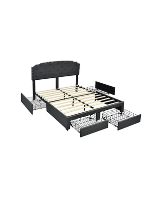 Gouun Platform Bed Frame with 4 Storage Drawers and Adjustable Headboard-Queen Size