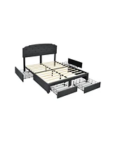 Gouun Platform Bed Frame with 4 Storage Drawers and Adjustable Headboard-Queen Size