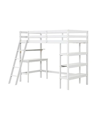 Gouun Twin Size Loft Bed with Desk and Bookshelves for Kids and Teens