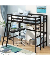 Twin Size Loft Bed Frame with Desk Angled and Built-in Ladder