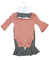 Baby Mode Girls Houndstooth Ponte Bell Pant, Bodysuit and Headband, 3-Piece Set