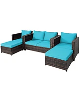 5PCS Patio Rattan Furniture Set Loveseat Sofa Ottoman Cushioned