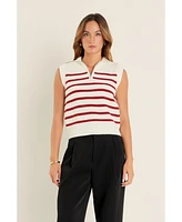 English Factory Women's Stripe Half Zip Up Sleeveless Knit Top