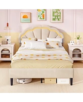 Gouun Upholstered Led Bed Frame with Adjustable Flower Headboard and Metal Support Feet-Full Size