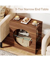 Tribesigns End Table Living Room Set of 2, 3-Tier Wood Narrow Side Table with Adjustable Tempered Glass Storage Shelf, 23.6-Inch Modern Bedside Table