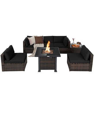 Costway 7PCS Patio Rattan Furniture Set Fire Pit Table Cover Glass Top Cushion