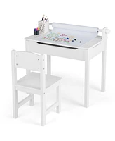 Gouun Wooden Kids Table and Chair Set with Storage and Paper Roll Holder