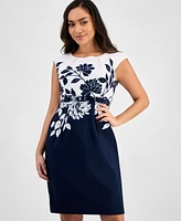 Connected Petite Floral Jewel-Neck Belted Sheath Dress