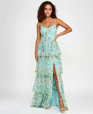 City Studios Juniors' Ruffled Embroidered Tiered Gown, Created for Macy's