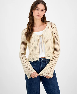 Hooked Up by Iot Juniors' Tie-Front Crochet Cardigan Sweater