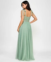 City Studios Juniors' Twist-Front Shoulder-Tie Glitter Gown