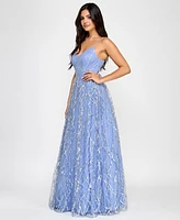 Say Yes Juniors' Glitter-Tulle Lace-Up V-Neck Gown, Created for Macy's