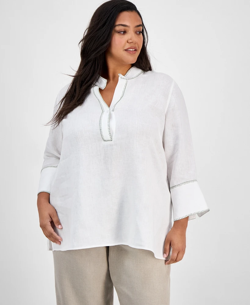Charter Club Plus 100% Linen Embroidered Top, Exclusively at Macy's