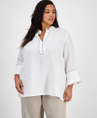 Charter Club Plus 100% Linen Embroidered Top, Exclusively at Macy's