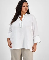 Charter Club Plus 100% Linen Embroidered Top, Exclusively at Macy's