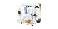 Slickblue Heavy Duty Double Bar Clothes Hanging Garment Rack on Lockable Wheels Durable and Secure