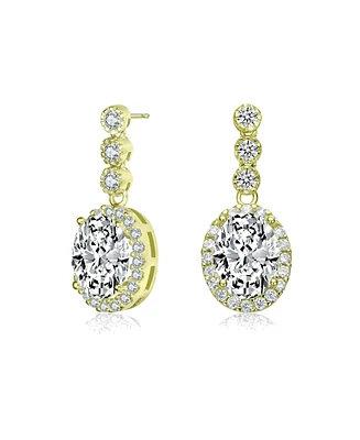 Genevive Sterling Silver with Clear Oval and Round Cubic Zirconia Halo Drop Earrings in White Gold Plated or 14K Gold Plated