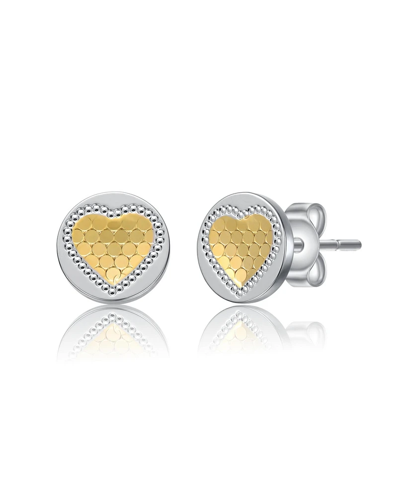 Rachel Glauber Two-Tone Heart Milgrain Medallion Round Stud Earrings in White Gold Plated or 14K Gold Plated