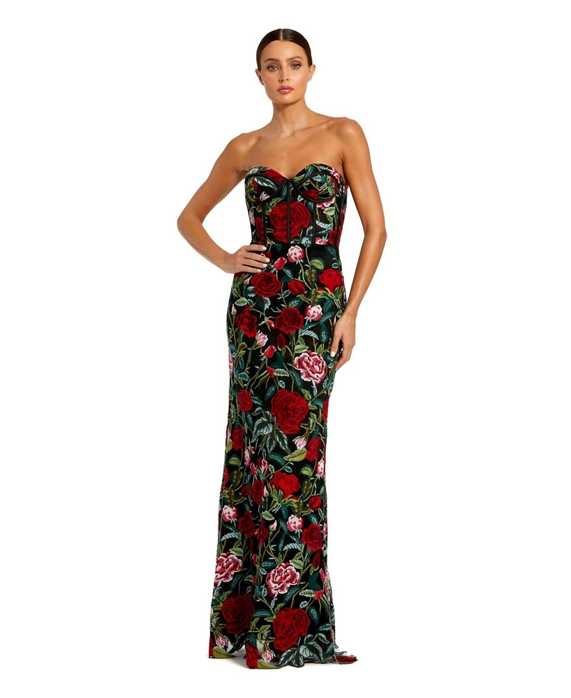 Mac Duggal Women's Sheer Bustier Top Floral Applique Gown