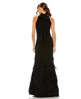 Mac Duggal Women's Jersey Halter Gown with Feather Tiered Detail