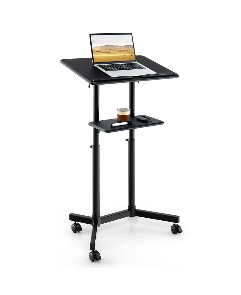 Gouun Mobile Lectern Podium Height-adjustable Rolling Laptop Cart with Tilting Top Storage Tray