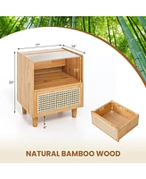 Gouun Bamboo Rattan Nightstand with Drawer and Solid Wood Legs