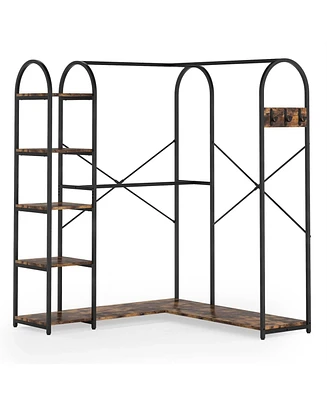 Slickblue Corner L-Shaped Garment Rack with Clothing Hanging Rods and Storage Shelves