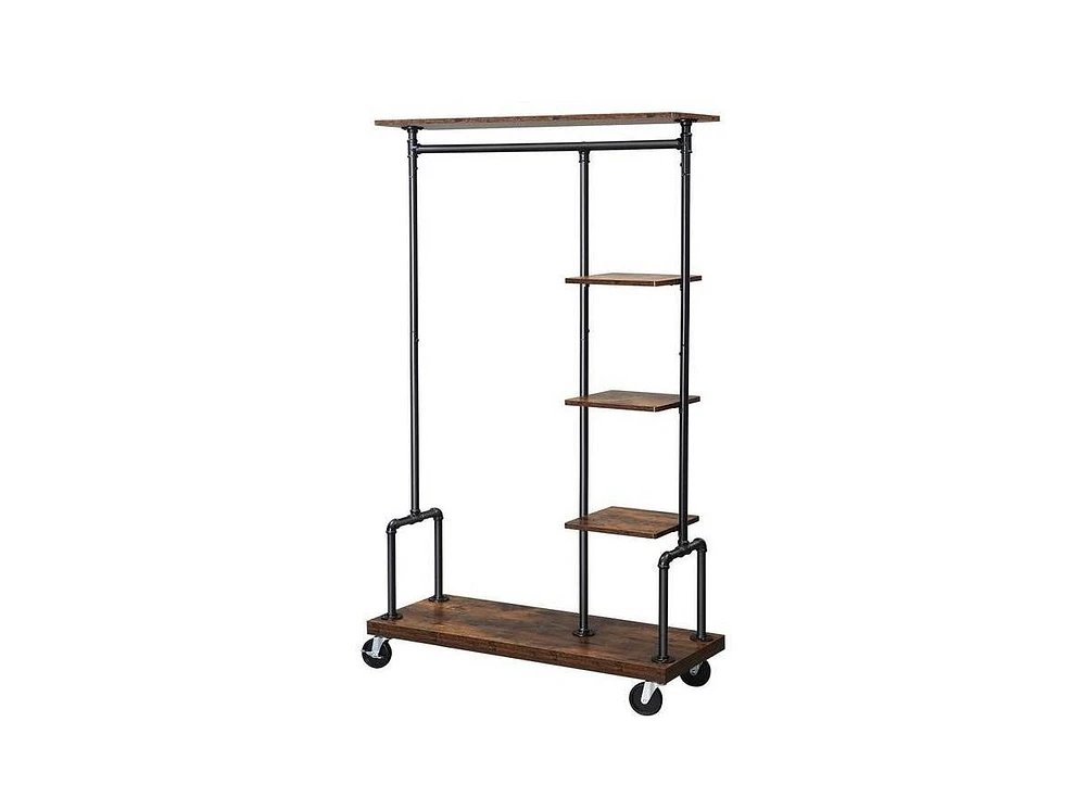 Slickblue Industrial Metal Pipe Garment Rack with Wood Storage Shelves on Wheels Stylish and Functional