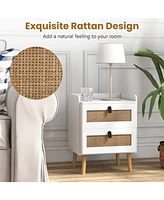 Gouun Modern End Table Bedside Table with 2 Rattan Decorated Drawers