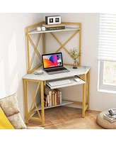 Gouun Space-Saving Corner Computer Desk with with Hutch and Keyboard Tray