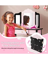 Gouun Kid Vanity Set with Tri-Folding Mirror and Leopard Print