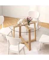 Gouun 42 Inches Round Glass Dining Table with Tempered Glass Tabletop and Rubber Wood Legs
