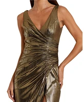 Mac Duggal Women's Metallic Ruched Detail Front Slip V Neck Gown