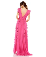 Mac Duggal Women's Pleated Ruffle Cap Sleeve Flowy A Line Gown