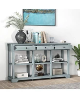 Gouun 58 Inch Retro Console Table with 3 Drawers and Open Shelves Rectangular Entryway Table