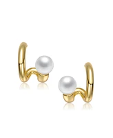 Genevive Sterling Silver 14K Gold Plated with Freshwater Pearl Scrolling Ribbon Earrings