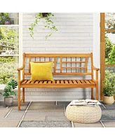 Gouun Patio Acacia Wood Bench with Curved Armrests Slatted Seat and Backrest