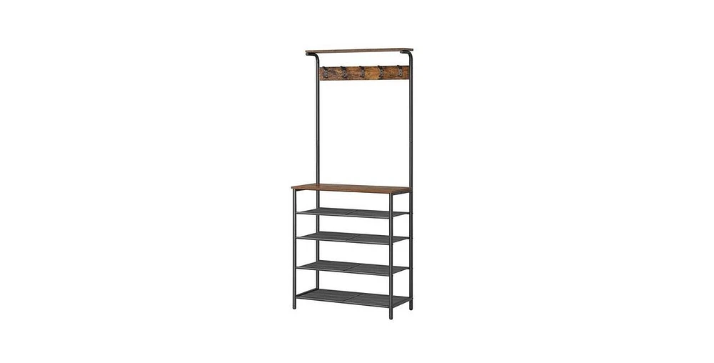 Slickblue Modern Industrial Style Hall Tree Coat Rack and Entryway Shoe Rack with 4 Shelves for Storage