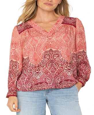 Liverpool Los Angeles Women's Long Sleeve V-Neck Popover Woven Blouse